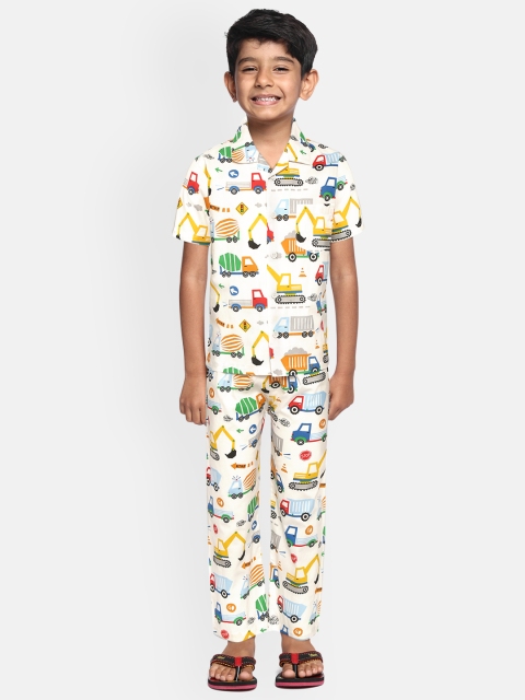 

NAUTI KIDZ Boys White & Yellow Cars Print Pure Cotton Pyjamas Set