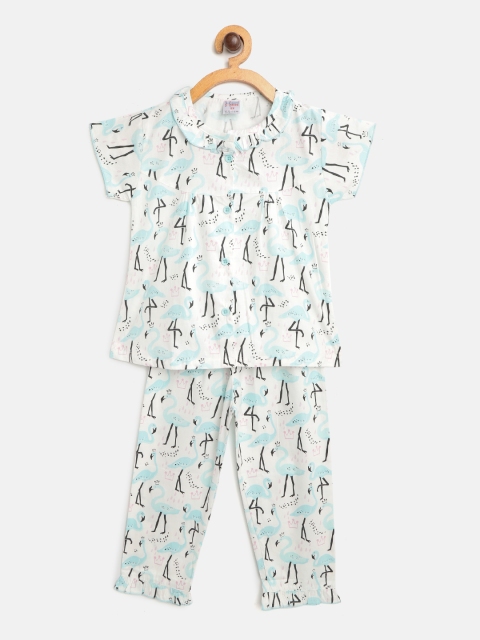 

NAUTI KIDZ Girls White & Blue Flamingo Print Pure Cotton Night suit