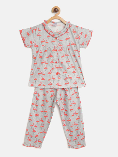 

NAUTI KIDZ Girls Grey & Coral Red Flamingo Print Pure Cotton Night suit