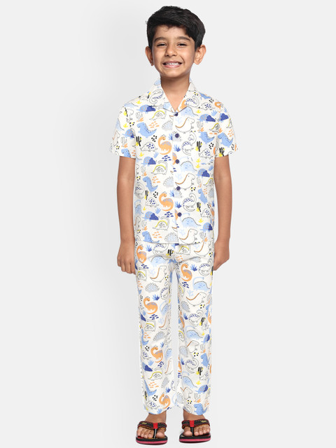 

NAUTI KIDZ Boys White & Blue Dinosaur Print Pure Cotton Night suit