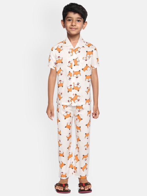 

NAUTI KIDZ Boys White & Orange Pure Cotton Fox Printed Pyjamas Set