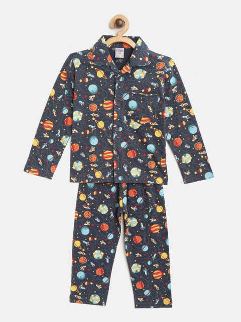 

NAUTI KIDZ Boys Charcoal Grey & Orange Printed Pure Cotton Pyjamas Set