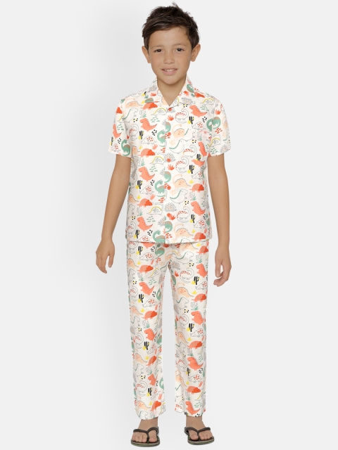 

NAUTI KIDZ Boys White & Green Printed Pure Cotton Pyjamas Set