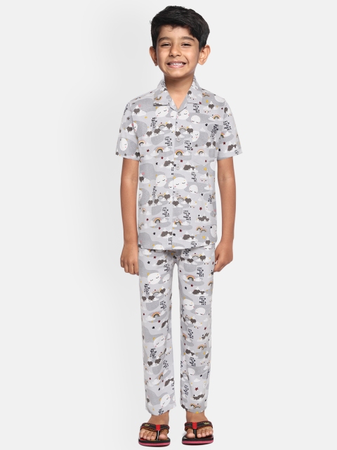 

NAUTI KIDZ Boys Grey & White Conversational Print Cotton Pyjama Set