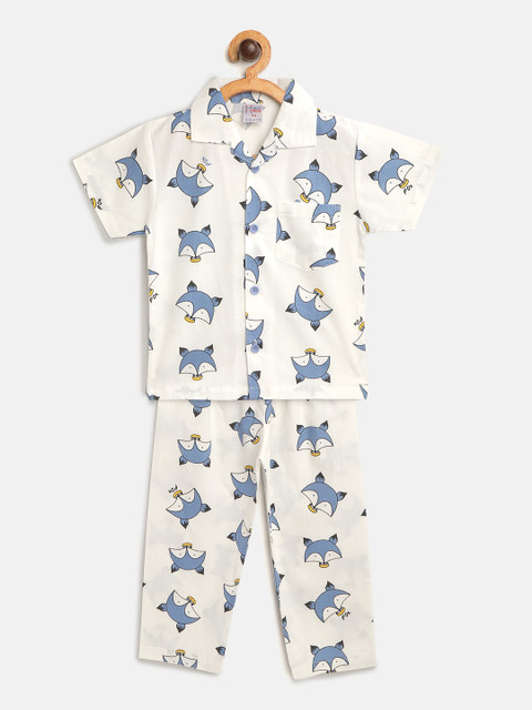 

NAUTI KIDZ Boys White & Blue Printed Pure Cotton Pyjamas Set
