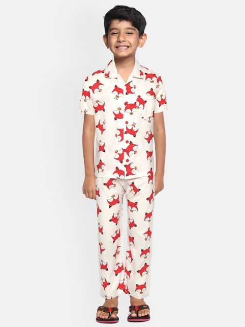 

NAUTI KIDZ Boys White & Red Pure Cotton Fox Printed Pyjamas Set