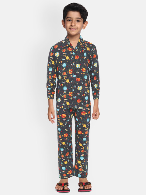 

NAUTI KIDZ Boys Charcoal Grey & Red Space Print Pure Cotton Night suit