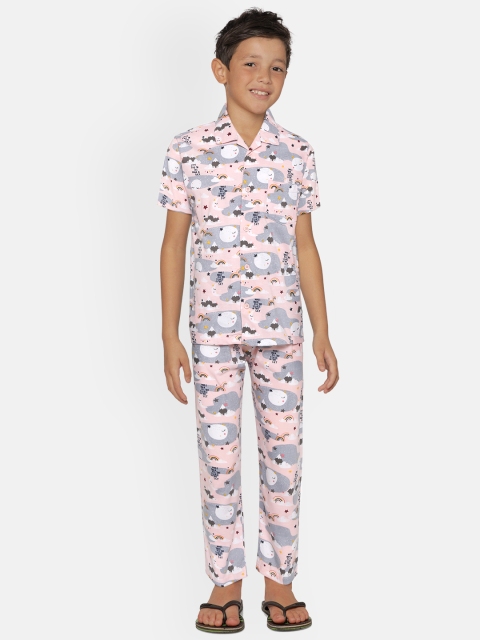 

NAUTI KIDZ Boys Pink & Grey Printed Pure Cotton Pyjamas Set