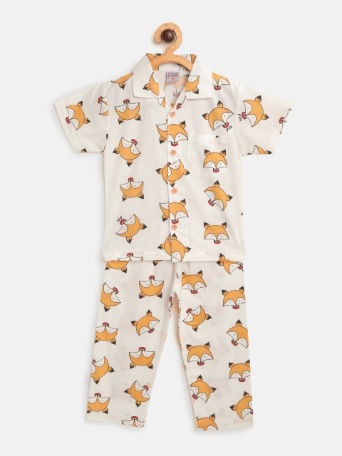 

NAUTI KIDZ Boys White & Beige Printed Pure Cotton Pyjamas Set