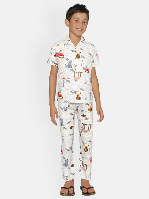 

NAUTI KIDZ Boys White & Blue Printed Pure Cotton Pyjamas Set