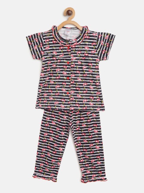 

NAUTI KIDZ Girls Navy Blue & Pink Striped & Flamingo Print Pure Cotton Night suit