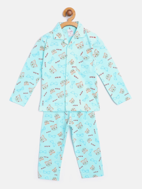 

NAUTI KIDZ Boys Blue & Maroon Conversational Print Pure Cotton Pyjamas Set