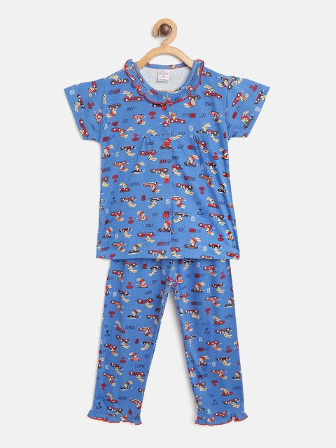 

NAUTI KIDZ Girls Blue & Red Car Race Print Pure Cotton Night suit
