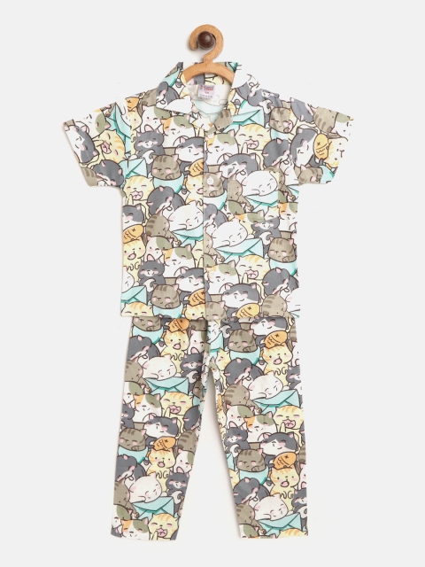 

NAUTI KIDZ Boys White & Grey Printed Pure Cotton Pyjamas Set