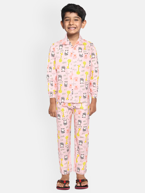 

NAUTI KIDZ Boys Pink & Yellow Conversational Print Cotton Pyjama Set