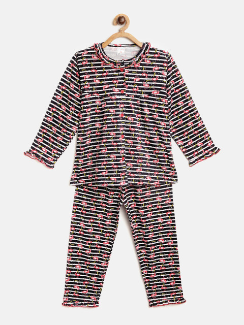 

NAUTI KIDZ Girls Black & White Pure Cotton Striped Pyjamas Set with Flamingo Print Detail