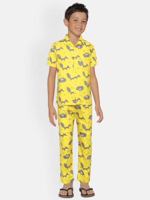 

NAUTI KIDZ Boys Yellow & Grey Conversational Print Pure Cotton Pyjamas Set