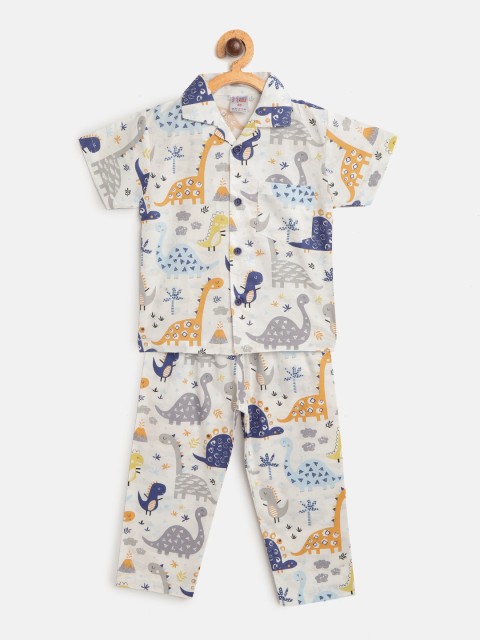 

NAUTI KIDZ Boys White & Blue Dinosaur Print Pure Cotton Pyjamas Set