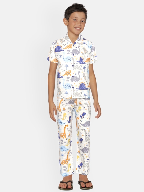 

NAUTI KIDZ Boys White & Blue Dinosaur Print Pure Cotton Pyjamas Set