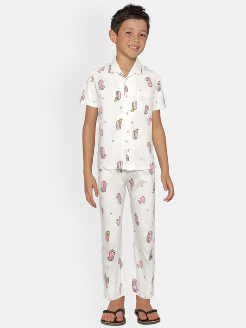 

NAUTI KIDZ Boys White & Peach-Coloured Printed Night suit