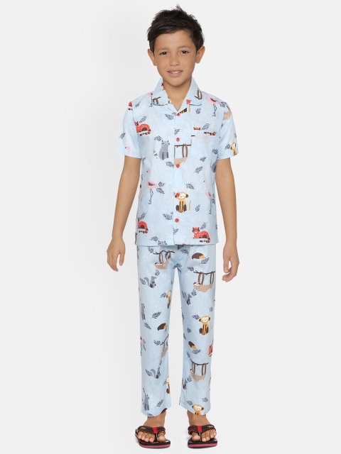 

NAUTI KIDZ Boys Blue & Peach-Coloured Conversational Print Pure Cotton Pyjamas Set