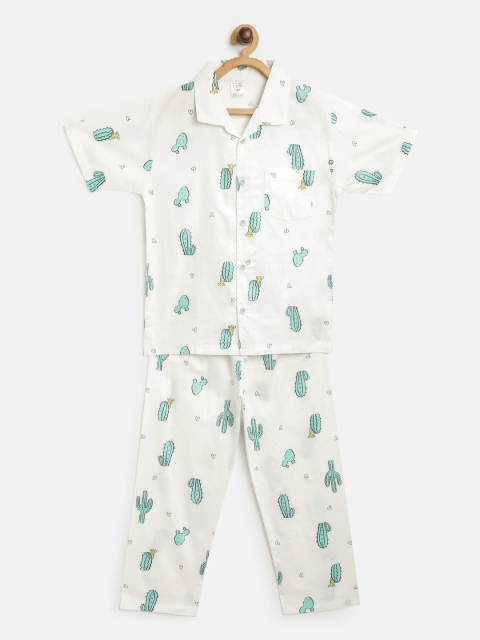 

NAUTI KIDZ Boys White & Green Cactus Print Cotton Pyjamas Set