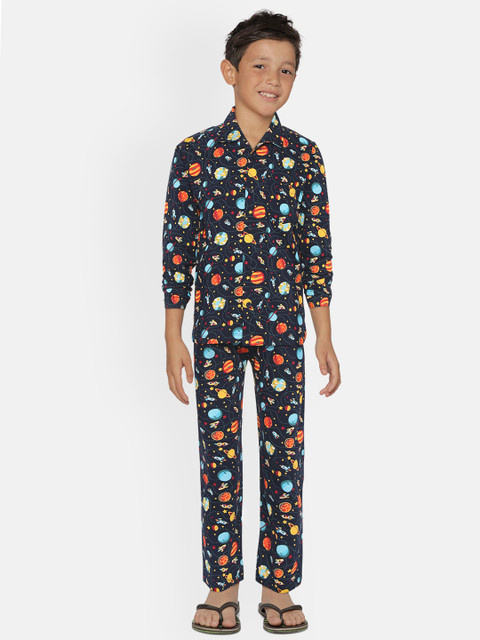 

NAUTI KIDZ Boys Navy Blue & Orange Space Print Cotton Pyjamas Set