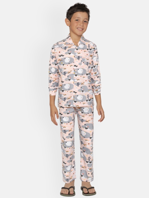 

NAUTI KIDZ Boys Peach-Coloured & Grey Conversational Print Cotton Pyjamas Set