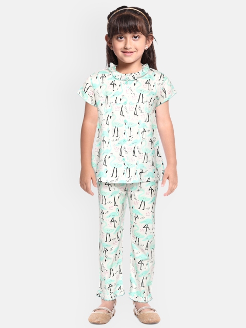 

NAUTI KIDZ Girls White & Blue Pure Cotton Flamingo Printed Pyjamas Set