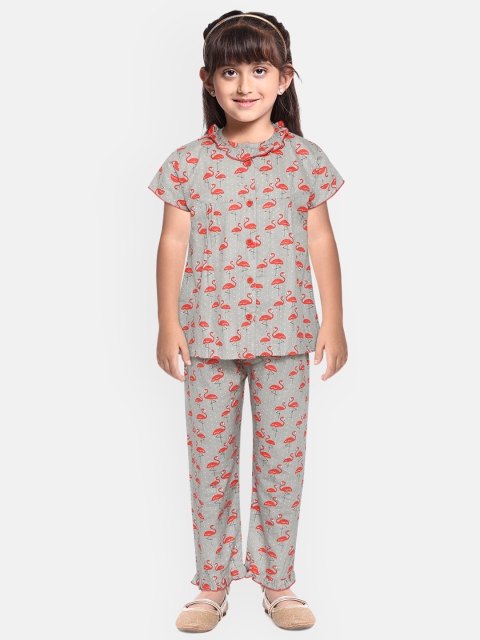 

NAUTI KIDZ Girls Grey & Red Pure Cotton Flamingo Printed Pyjamas Set