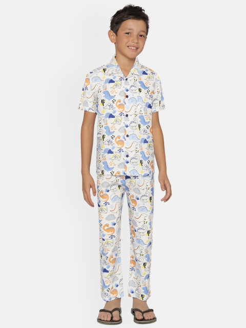 

NAUTI KIDZ Boys White & Blue Dinosaur Printed Cotton Pyjamas Set