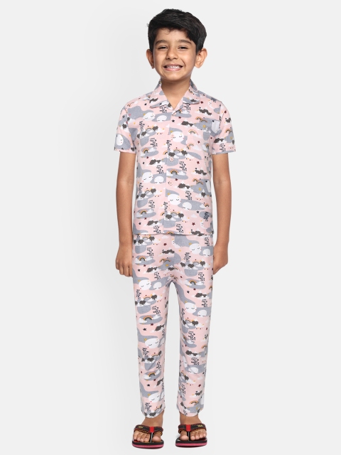 

NAUTI KIDZ Boys Pink & Grey Moon & Clouds Print Pure Cotton Night suit