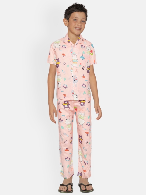 

NAUTI KIDZ Boys Pink & White Conversational Print Cotton Pyjamas Set