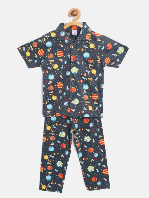 

NAUTI KIDZ Boys Charcoal & Yellow Conversational Print Pure Cotton Pyjamas Set