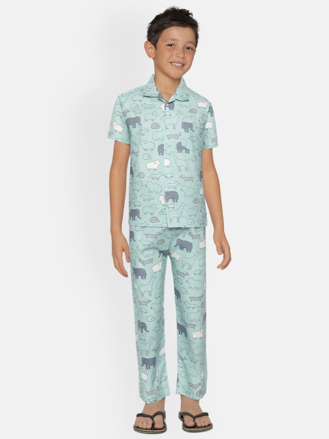 

NAUTI KIDZ Boys Mint Green & Grey Pure Cotton Printed Pyjama Set