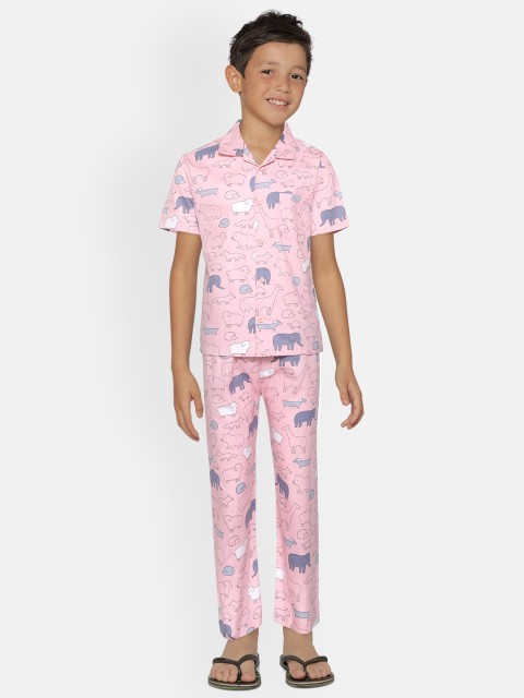 

NAUTI KIDZ Boys Pink & Grey Printed Pure Cotton Pyjama Set