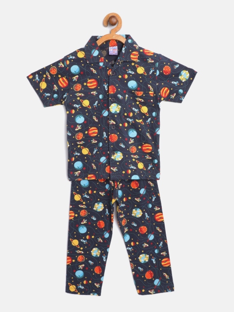 

NAUTI KIDZ Boys Navy Blue & Mustard Yellow Conversational Print Pure Cotton Pyjamas Set