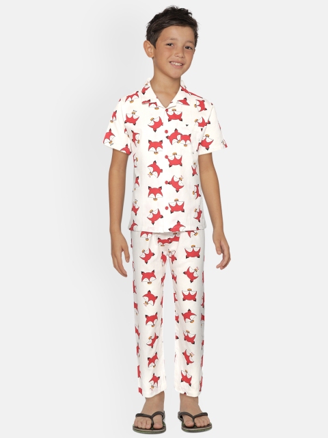 

NAUTI KIDZ Boys White & Red Fox Printed Pure Cotton Pyjama Set