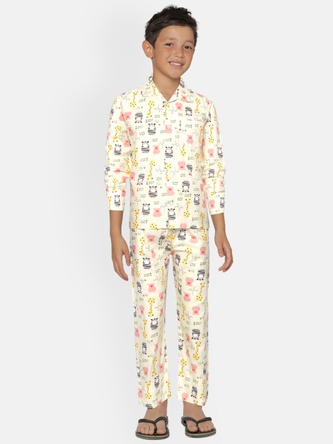 

NAUTI KIDZ Boys Cream-Coloured & Grey Printed Pure Cotton Pyjama Set
