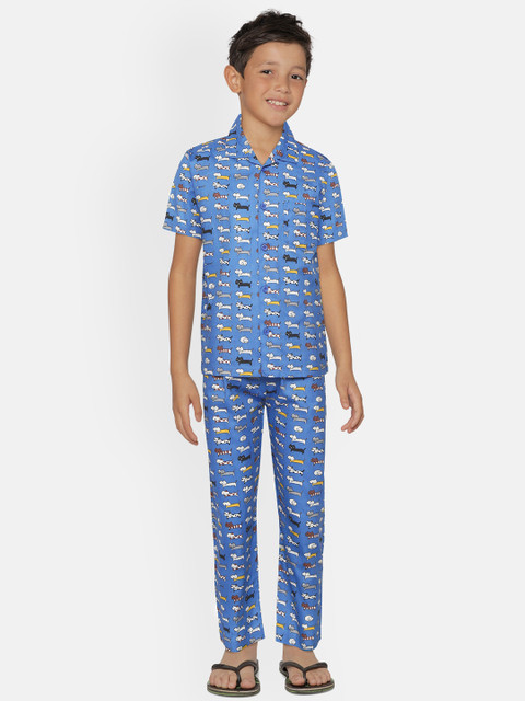 

NAUTI KIDZ Boys Blue & White Cats Print Pure Cotton Pyjama Set