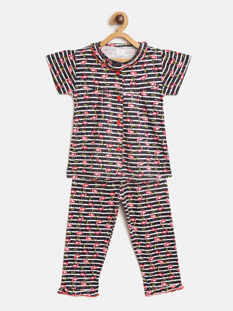

NAUTI KIDZ Girls Black & White Pure Cotton Striped Pyjamas Set with Flamingo Print Detail