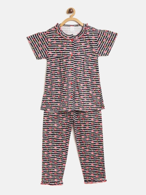 

NAUTI KIDZ Girls Black & White Pure Cotton Striped Pyjamas Set with Flamingo Print Detail, Navy blue