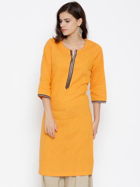 

Rangriti Women Yellow Self-Striped Straight Kurta