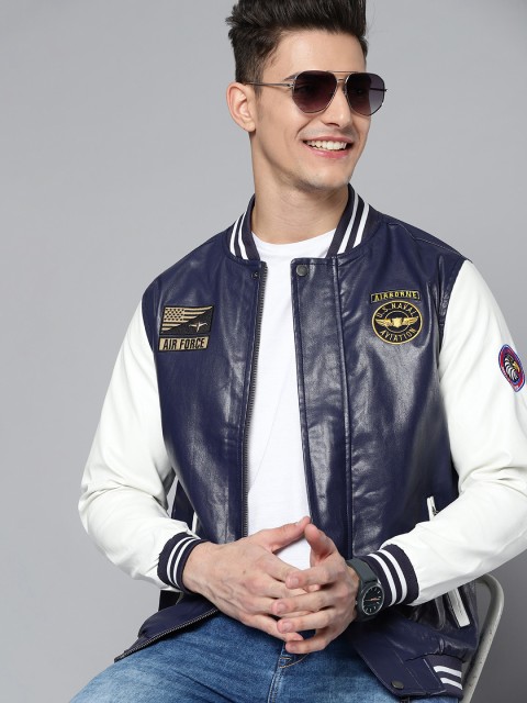 

HERE&NOW Men Navy Blue & White Solid Varsity Jacket with Applique Detail