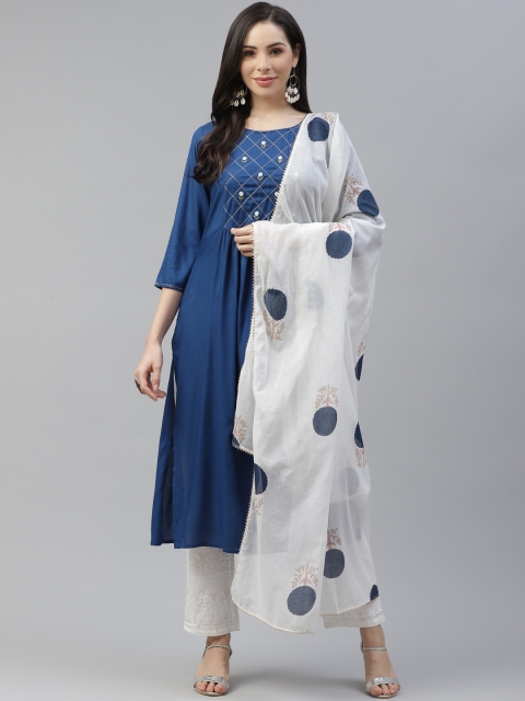 

Yufta Women Blue Yoke Design Beads and Stones Kurta with Palazzos & With Dupatta