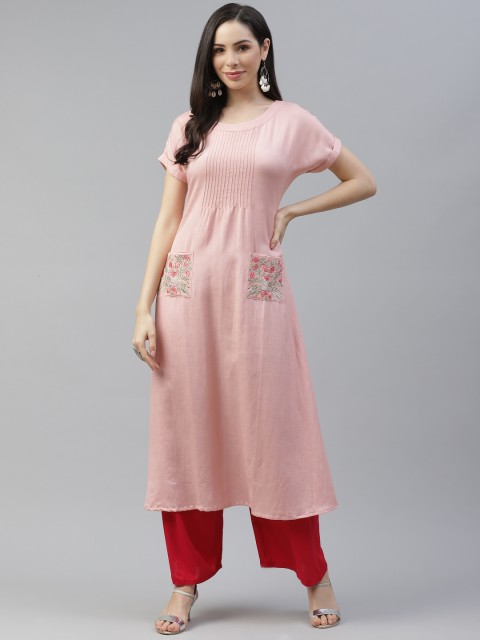 

Yufta Women Pink Extended Sleeves Thread Work Pastels Kurta