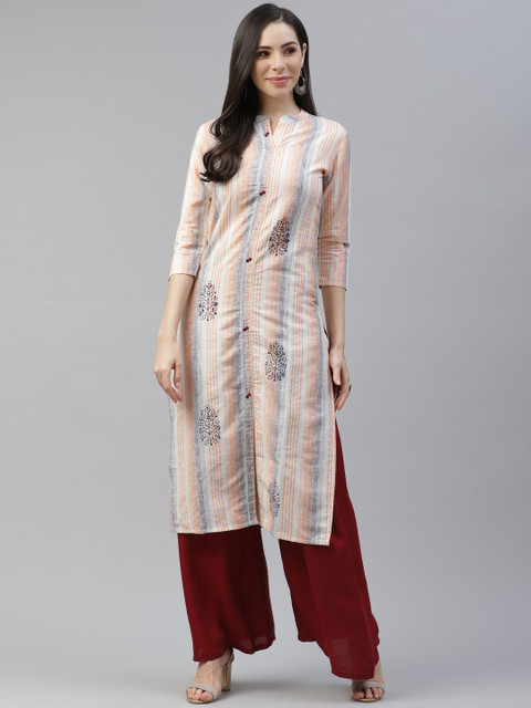 

Yufta Women Peach & Blue Striped Thread Work Kurta