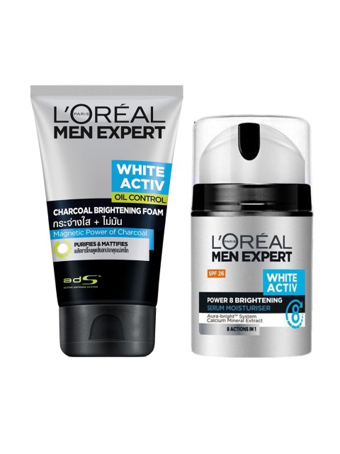 

LOreal Paris Men Set Of Expert Charcoal Brightening Foam & White Activ Serum Moisturiser, Silver
