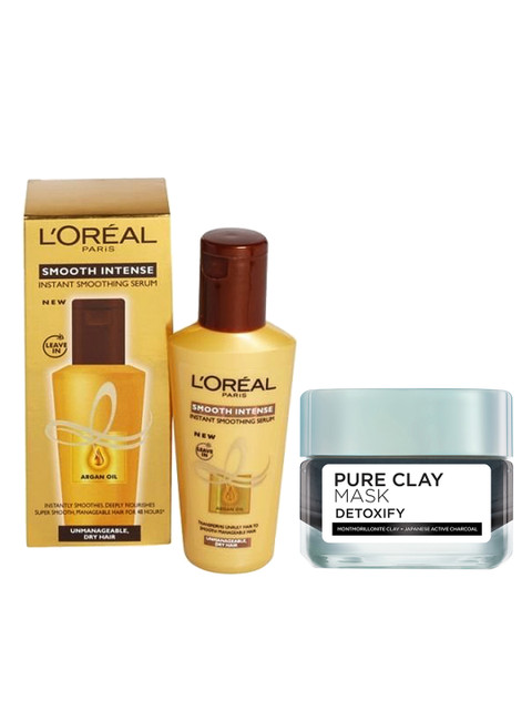 

LOreal Paris Set of Smooth Instense Hair Serum & Pure Clay Detoxify Active Charcoal Mask