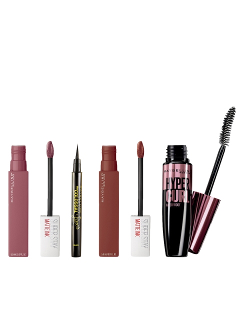 

Maybelline New York Set Of Liquid Lipsticks - Hypercurl Mascara - Colossal Liner, Brown